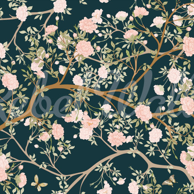 Tapet cu design minimalist inspirat din grădinile japoneze, cu ramuri delicate și flori pastelate
