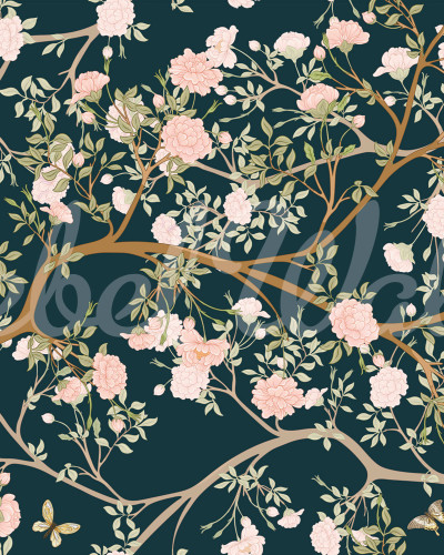 Tapet cu design minimalist inspirat din grădinile japoneze, cu ramuri delicate și flori pastelate
