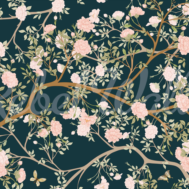 Tapet cu design minimalist inspirat din grădinile japoneze, cu ramuri delicate și flori pastelate