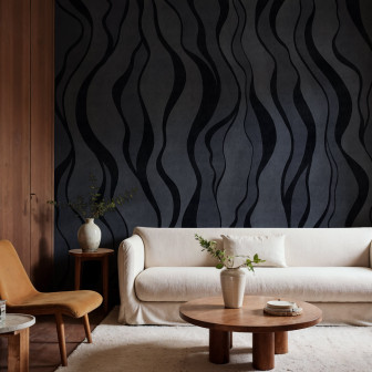 Tapet cu linii fine albastru închis într-un living modern