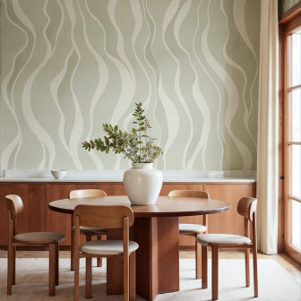 Tapet decorativ cu model de linii fluide verzi într-o sufragerie elegantă