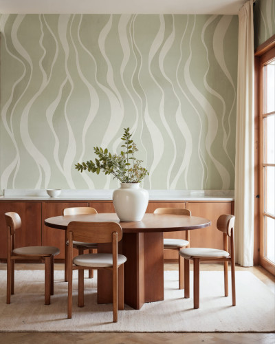 Tapet decorativ cu model de linii fluide verzi într-o sufragerie elegantă