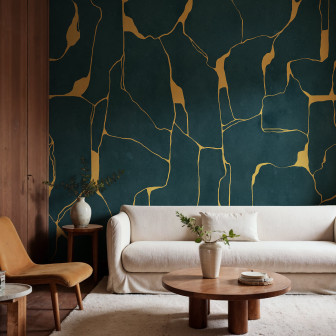 Fototapet abstract albastru cu linii aurii