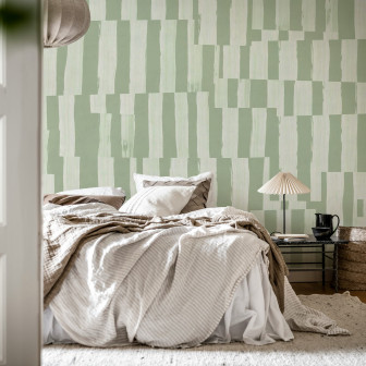 Tapet cu linii întrerupte verzi într-un dormitor modern