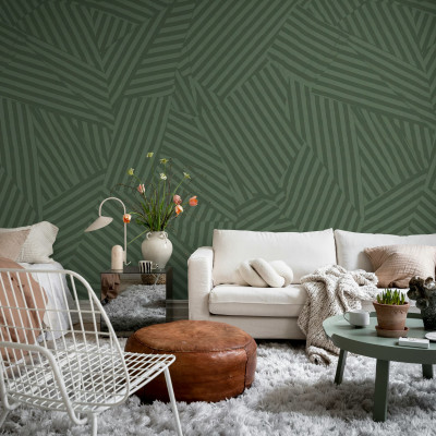 Tapet abstract verde cu model geometric în living modern