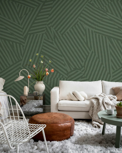Tapet abstract verde cu model geometric în living modern