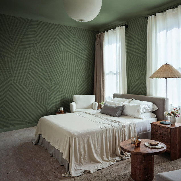 Tapet abstract verde cu model geometric în living modern