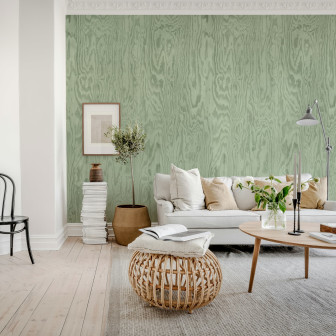 Tapet cu textură de lemn verde în living modern