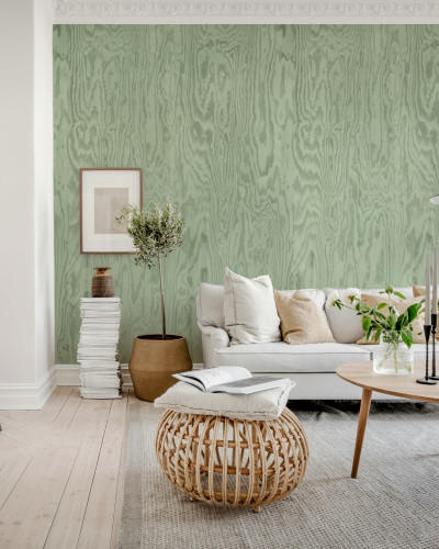 Tapet cu textură de lemn verde în living modern