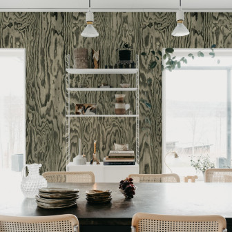 Tapet cu aspect de lemn gri în living modern