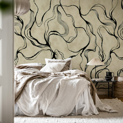 Tapet decorativ cu model abstract negru pe fundal bej în dormitor