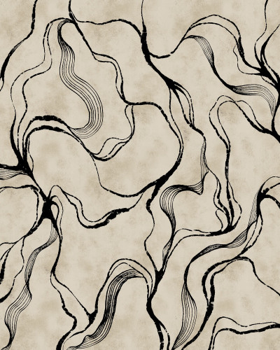 Tapet decorativ cu model abstract negru pe fundal bej în dormitor