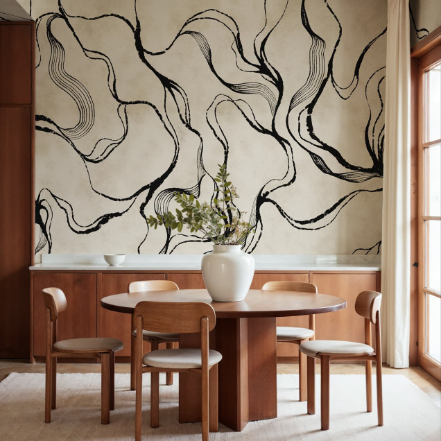 Tapet decorativ cu model abstract negru pe fundal bej în dormitor
