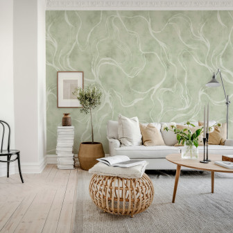 Tapet verde cu model de curbe albe într-un living elegant