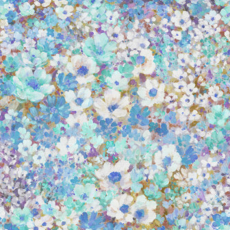 Fototapet floral cu flori albastre și violet într-un interior modern