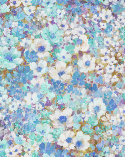 Fototapet floral cu flori albastre și violet într-un interior modern
