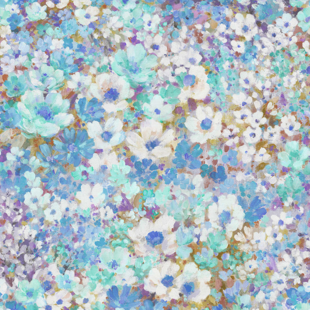 Fototapet floral cu flori albastre și violet într-un interior modern