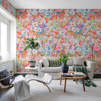 Fototapet floral colorat Flowerhaze într-un living modern