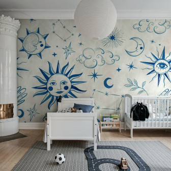 Tapet cu motive astrale albastre în camera unui copil