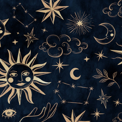 Tapet cu design astrologic, cu soare, luna și stele aurii pe fundal întunecat