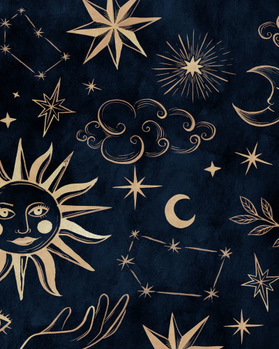 Tapet cu design astrologic, cu soare, luna și stele aurii pe fundal întunecat