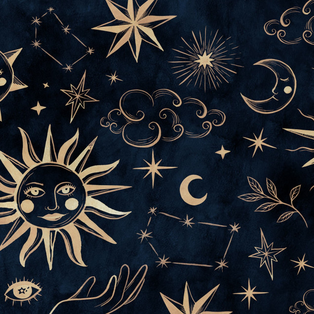 Tapet cu design astrologic, cu soare, luna și stele aurii pe fundal întunecat