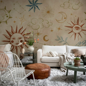 Tapet cu motive astrologice multicolore într-un living modern.