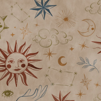 Tapet cu motive astrologice multicolore într-un living modern.