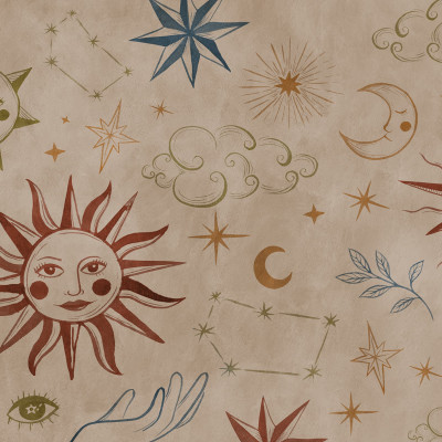 Tapet cu motive astrologice multicolore într-un living modern.