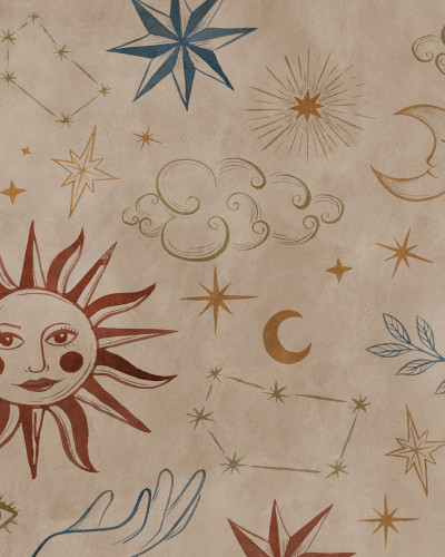 Tapet cu motive astrologice multicolore într-un living modern.