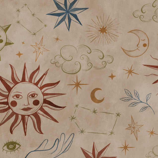 Tapet cu motive astrologice multicolore într-un living modern.