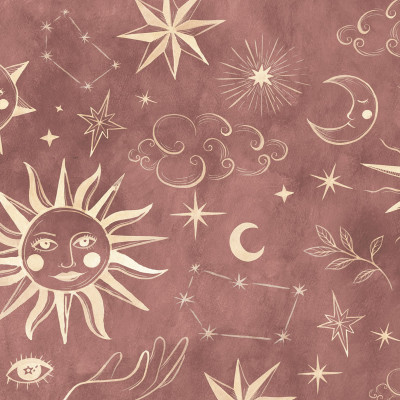 Tapet cu design astronomic in nuante de rosu, cu soare, luna si stele.