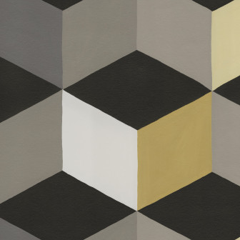 Tapet cu romburi colorate galbene, gri și negre într-o cameră de zi modernă