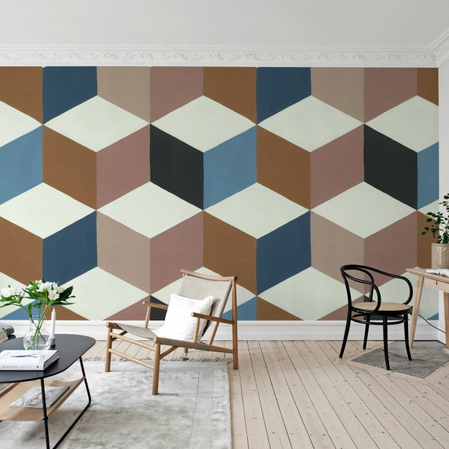 Tapet geometric cu romburi colorate în nuanțe de roz și albastru