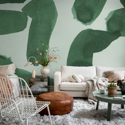 Fototapet cu forme abstracte verzi în living modern
