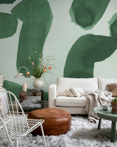 Fototapet cu forme abstracte verzi în living modern