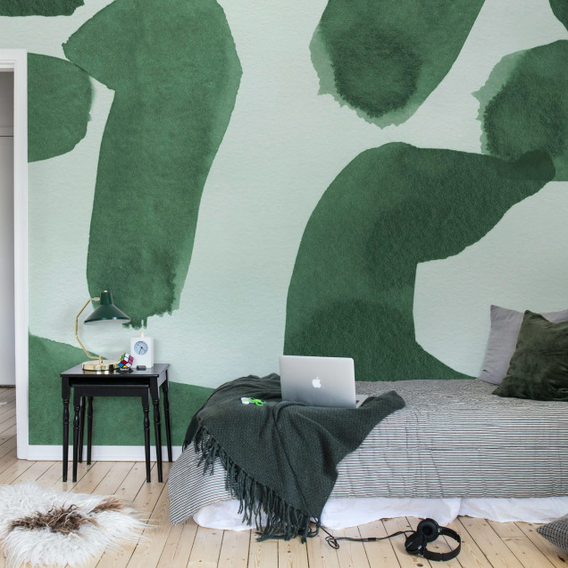 Fototapet cu forme abstracte verzi în living modern