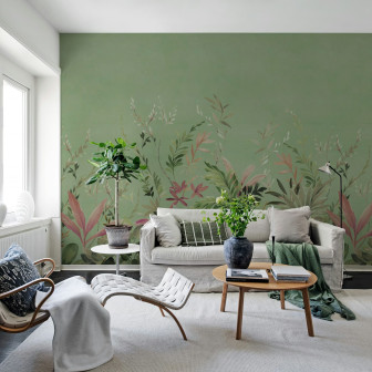 Fototapet cu design floral verde într-un living modern