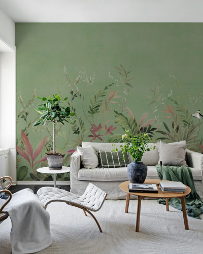 Fototapet cu design floral verde într-un living modern