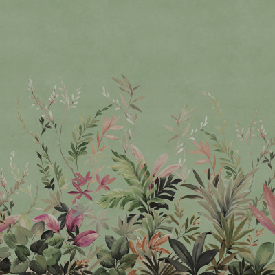 Fototapet cu design floral verde într-un living modern