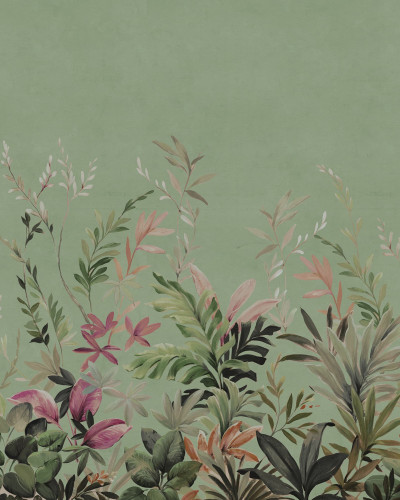 Fototapet cu design floral verde într-un living modern