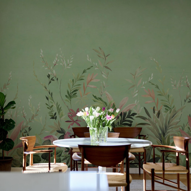 Fototapet cu design floral verde într-un living modern