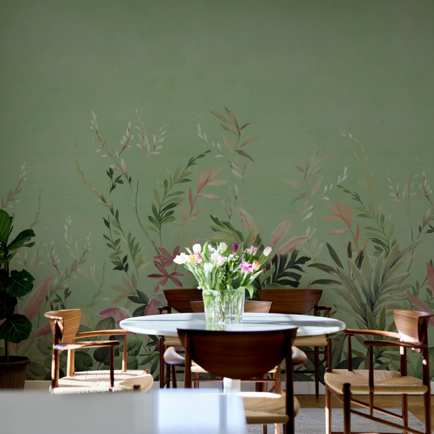 Tapet cu design tropical, frunze verzi pe fundal roz