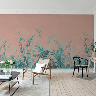 Tapet cu design tropical, frunze verzi pe fundal roz