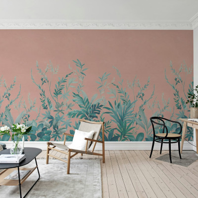Tapet cu design tropical, frunze verzi pe fundal roz