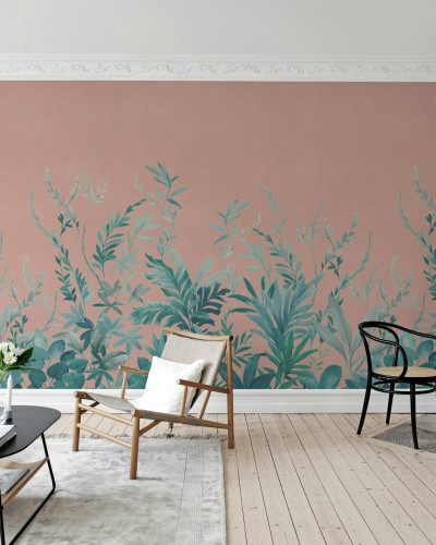 Tapet cu design tropical, frunze verzi pe fundal roz