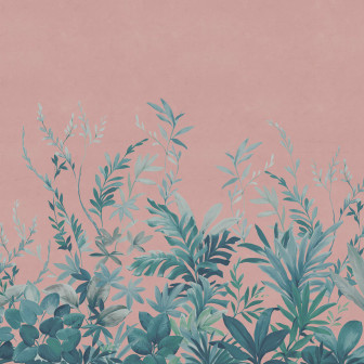 Tapet cu design tropical, frunze verzi pe fundal roz