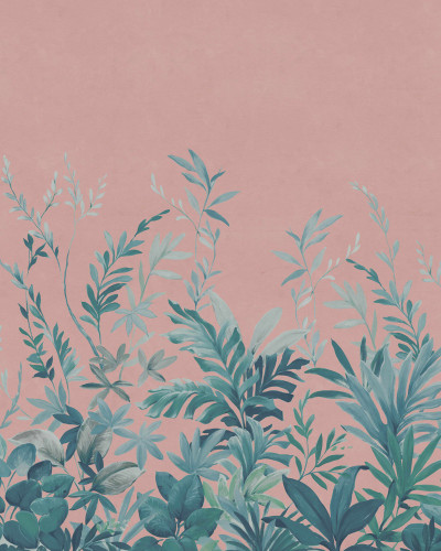 Tapet cu design tropical, frunze verzi pe fundal roz