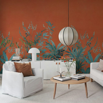 Fototapet cu design botanic pe fundal portocaliu
