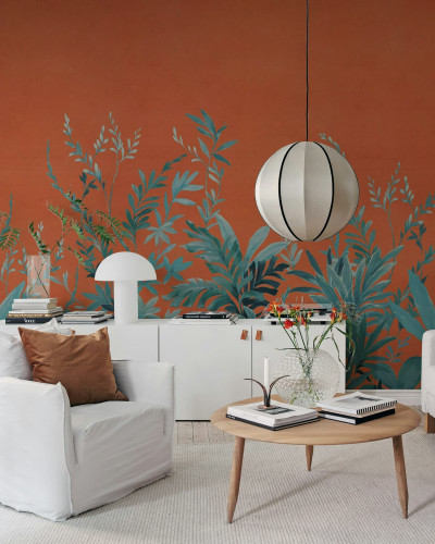 Fototapet cu design botanic pe fundal portocaliu